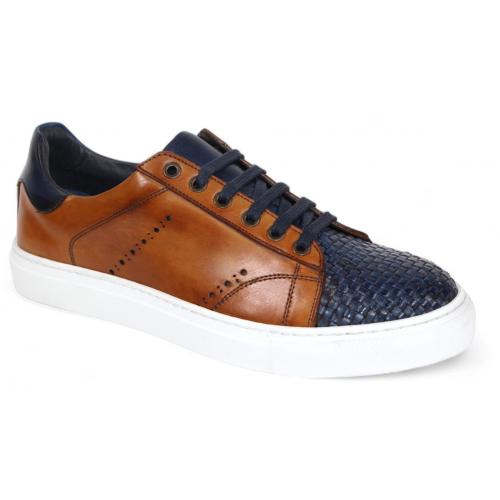 Duca Di Matiste "Sorrento" Navy/Cognac Genuine Italian Calf Leather Snake Weave Sneakers.